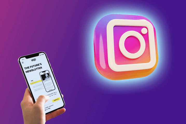 Ek haath mein smartphone hai jis par 'The Future's Newsletter' khula hua hai, aur background mein Instagram ka colorful logo hai.