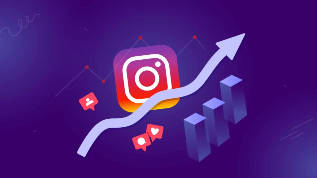 A dynamic graphic illustration showcasing the Instagram logo centered on a purple background with a rising arrow indicating growth. The illustration includes bar graphs and engagement icons such as hearts and comment bubbles, symbolizing an increase in Instagram followers and interactions.