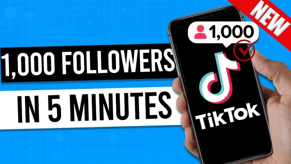 Ek smartphone screen dikha raha hai ke "1,000 Followers" TikTok par "In 5 Minutes" mil sakte hain, background mein "NEW" ka red label hai.